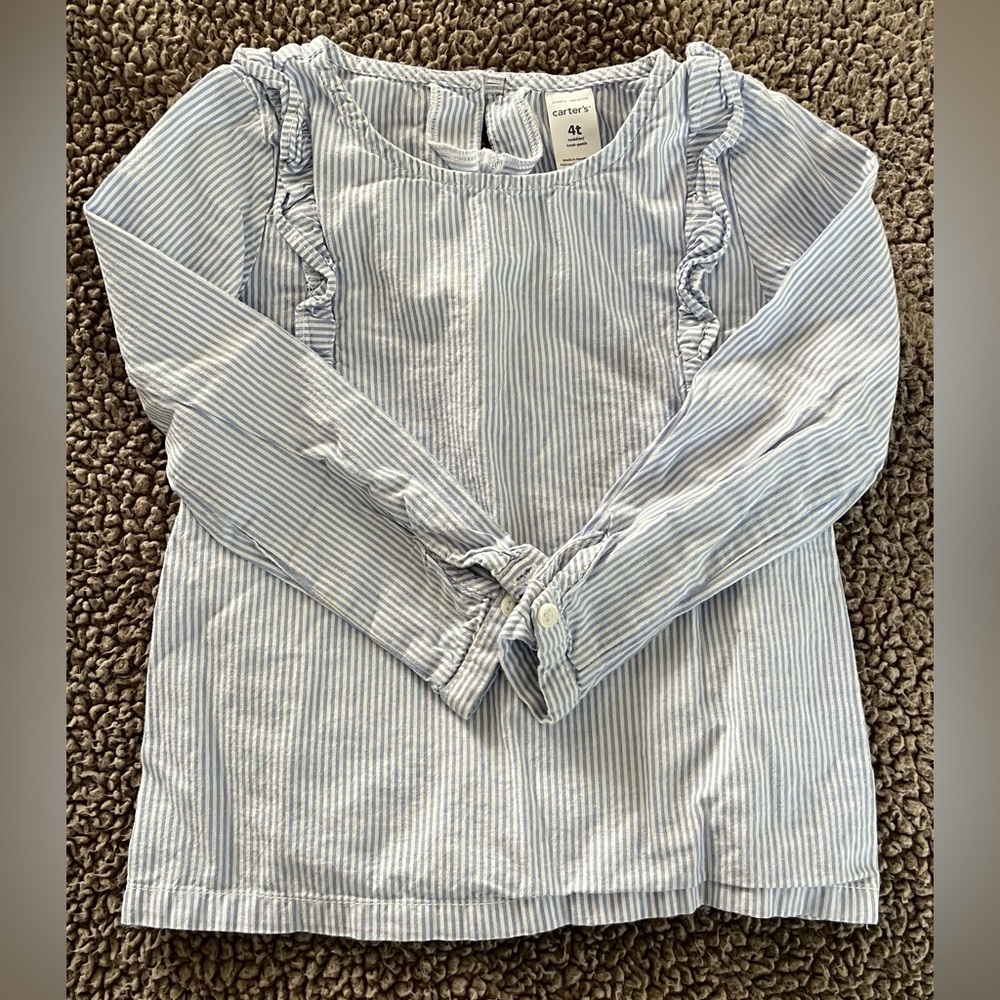Carter’s Girls Long-sleeve Blue and White Striped Shirt. GUC. 4T.